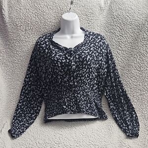 Maurices Navy Blue Smocked Puff Sleeve Blouse with Sweetheart Neckline